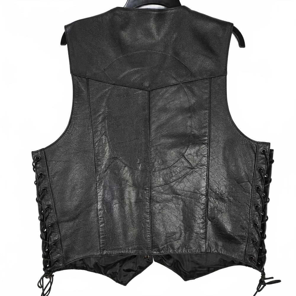 FMC Vintage Black Leather Biker Vest Lace-up Sides 4 Pockets Men's Size 44 Y2K - Picture 2 of 9